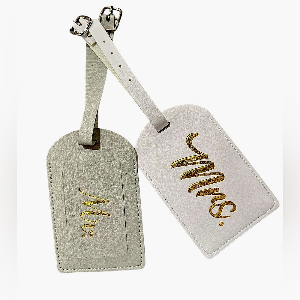 Honeymoon White/Gray Gold Mr. & Mrs. Luggage Tag Set